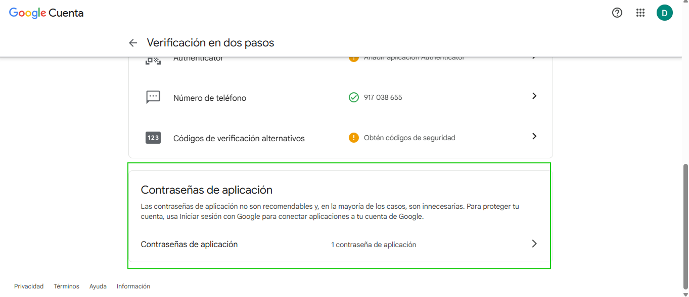Ubicación contraseñas de aplicación