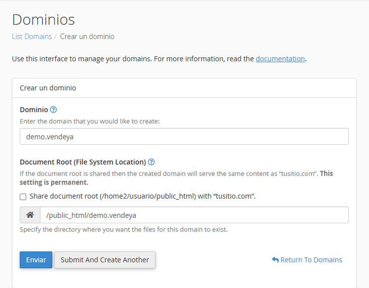Interfaz de creación de dominio VendeYA