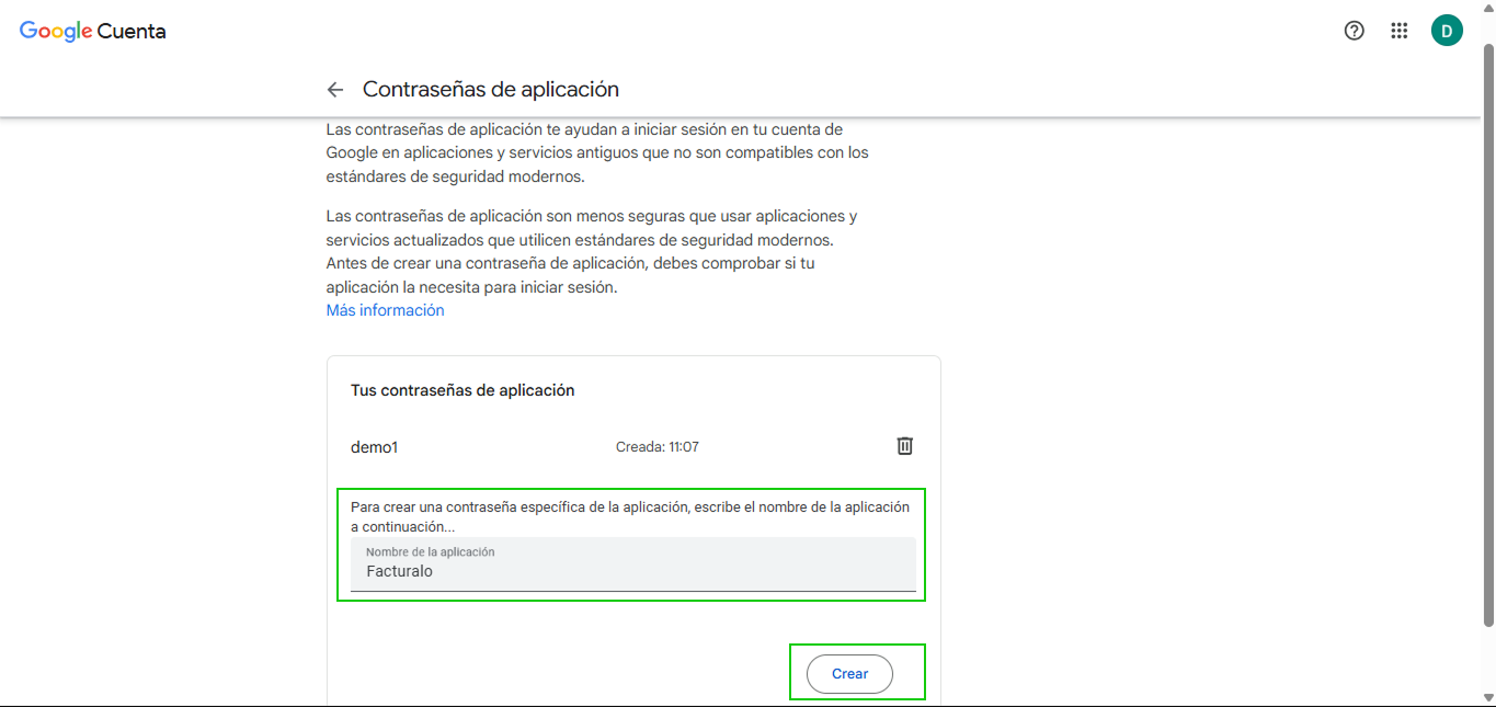 Generar contraseña de aplicación