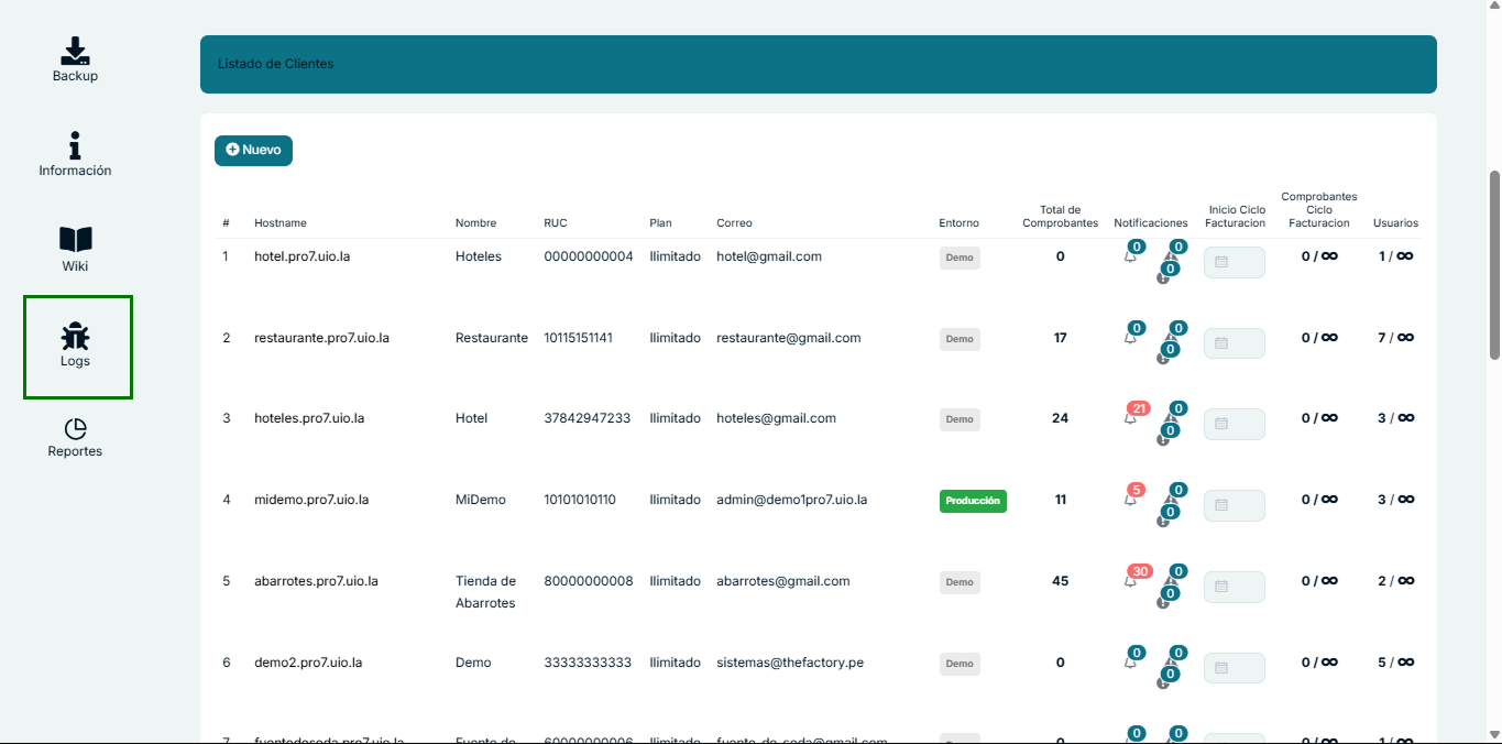 Ubicación de la opción Logs