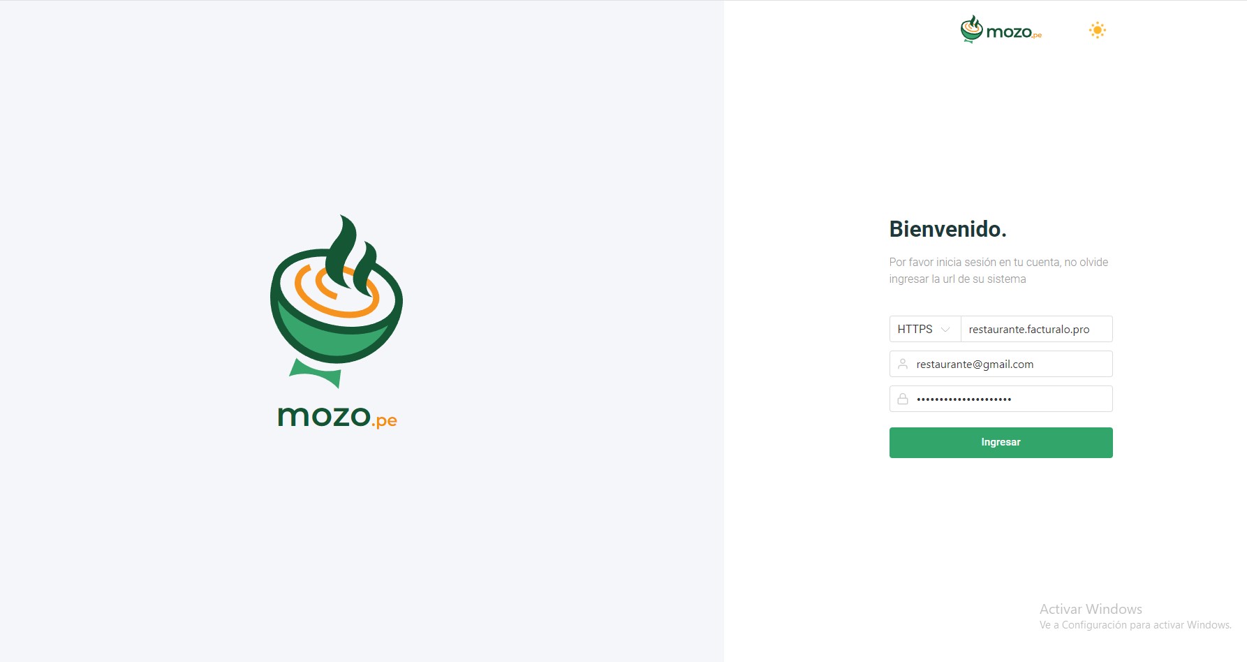 Pantalla de inicio de sesión Mozo.pe