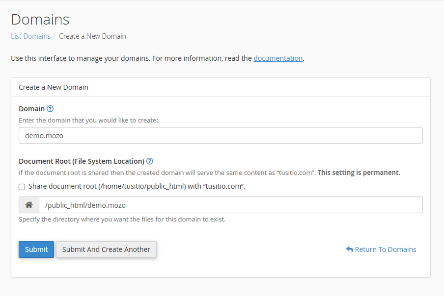Interfaz de creación de dominio