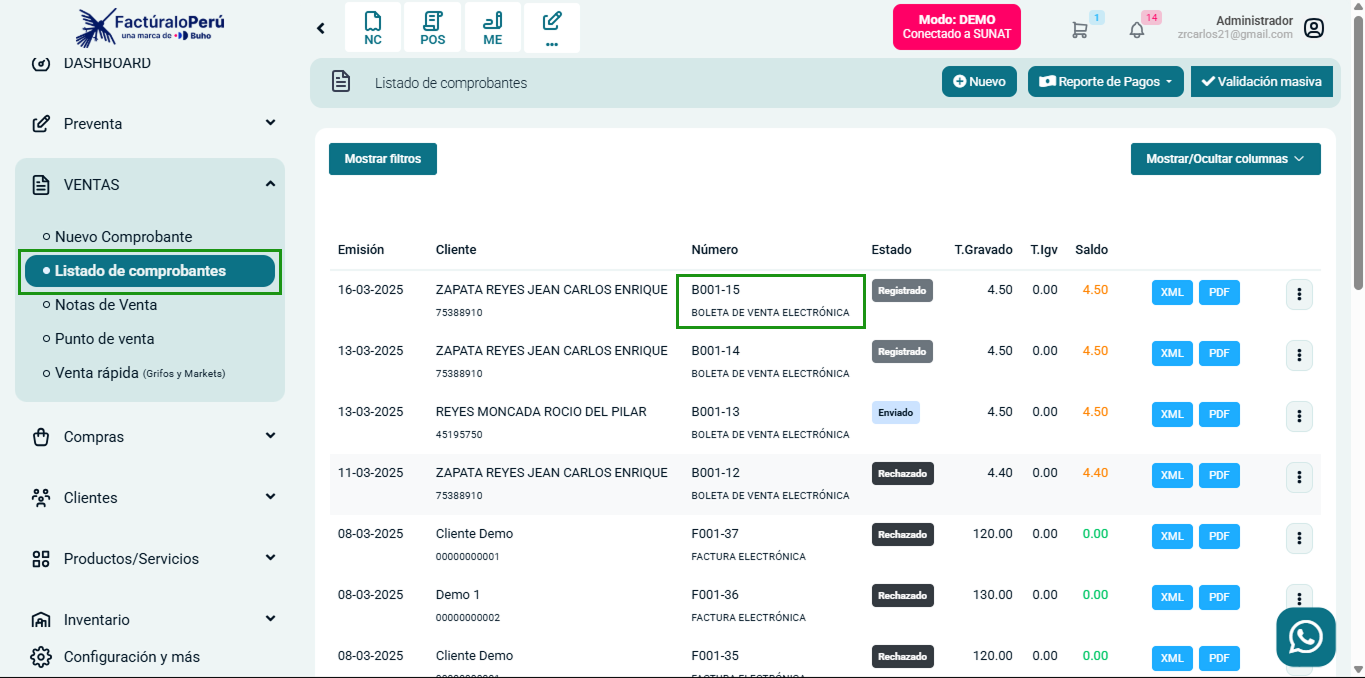 Listado de Comprobantes